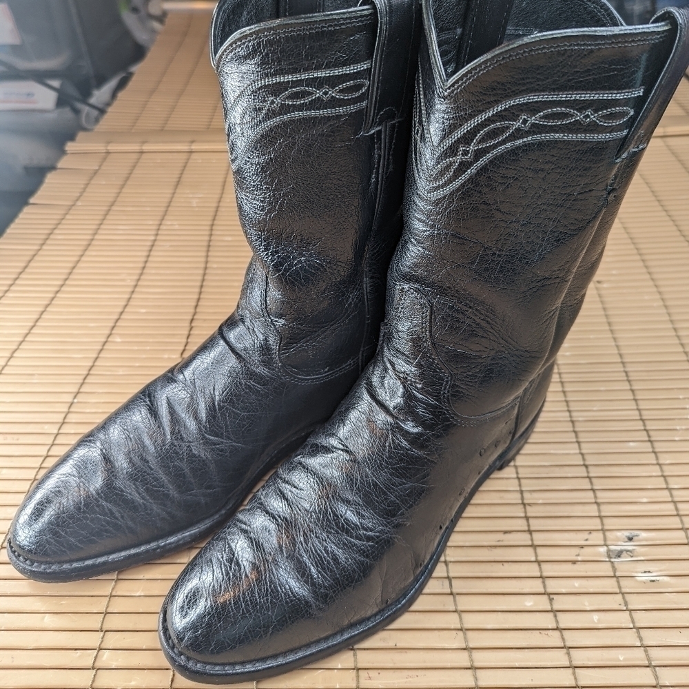Justin Boots, Black, Exotic Smooth Ostrich Quill leather, Ropers, Mens Size 8D. - Picture 2 of 10
